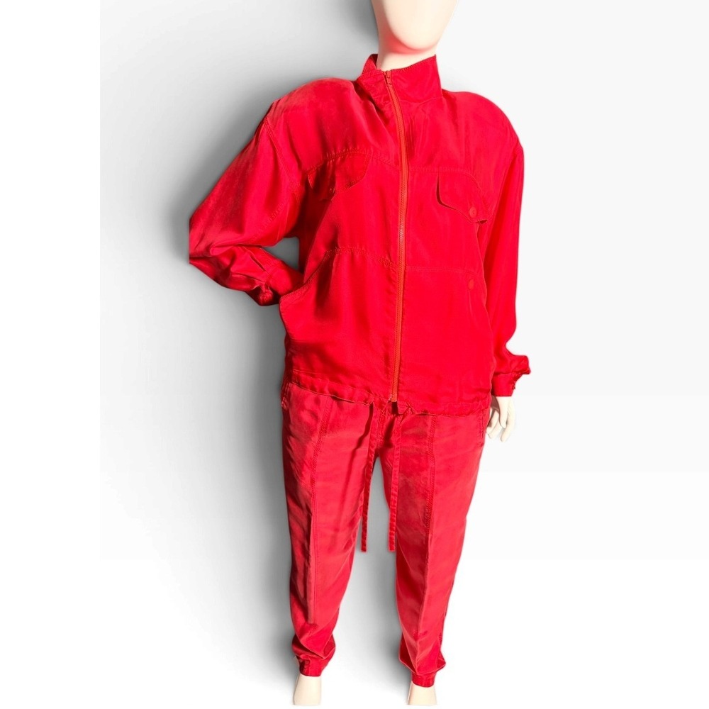 Vintage 90s Dana Buchman Red Silk Tracksuit 2pc Jacket Pants M Shoulder Pads